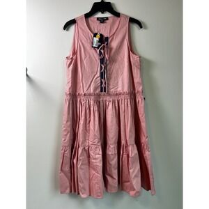 Nautica Jeans Pink Tiered Lace Up Dress Sleeveless Casual Ruffle Sz S‎ NWT